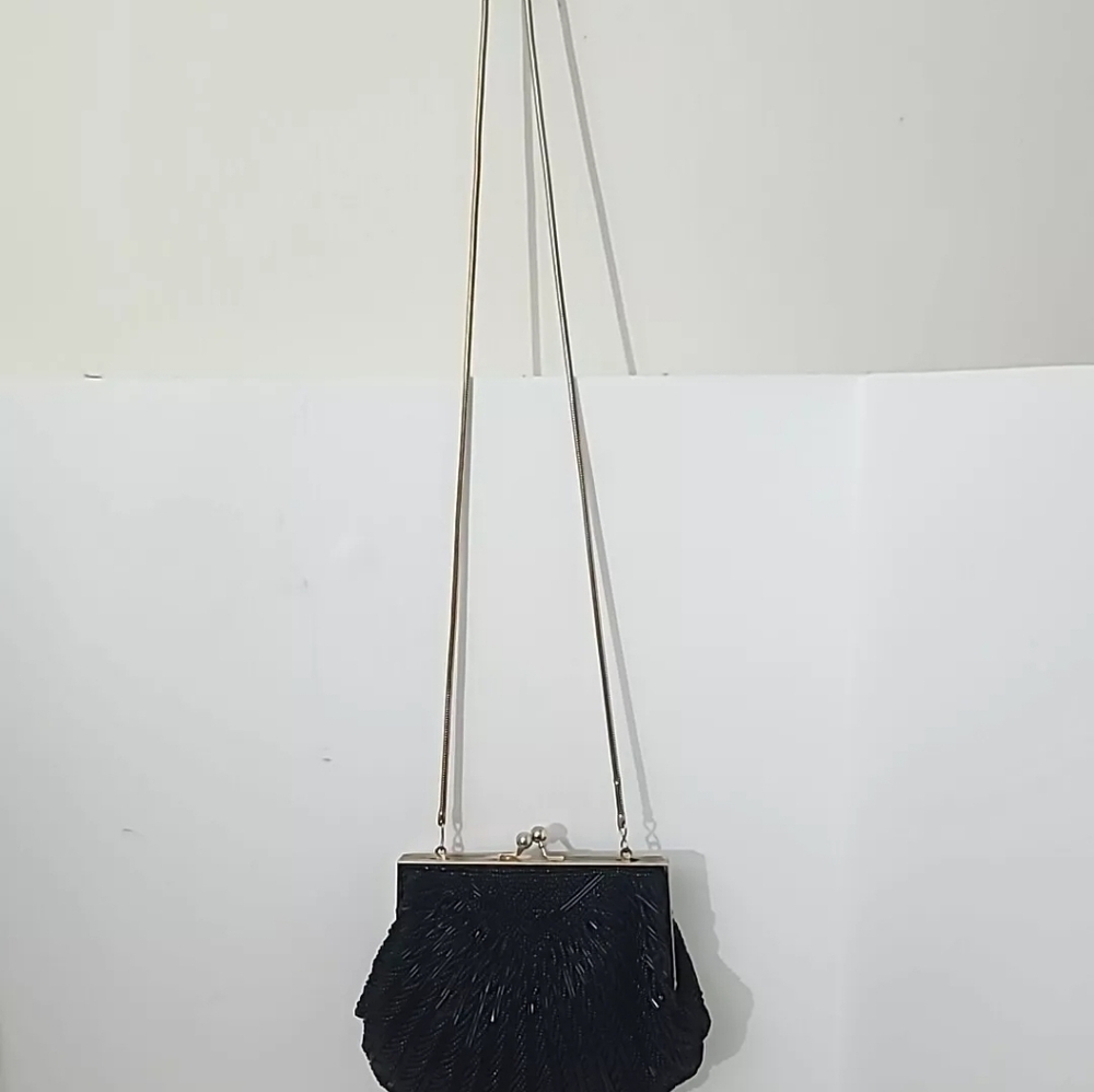 Vintage~Jeromes~60's Black Beaded Purse Evening Mini Bag Shell Clutch Hong Kong